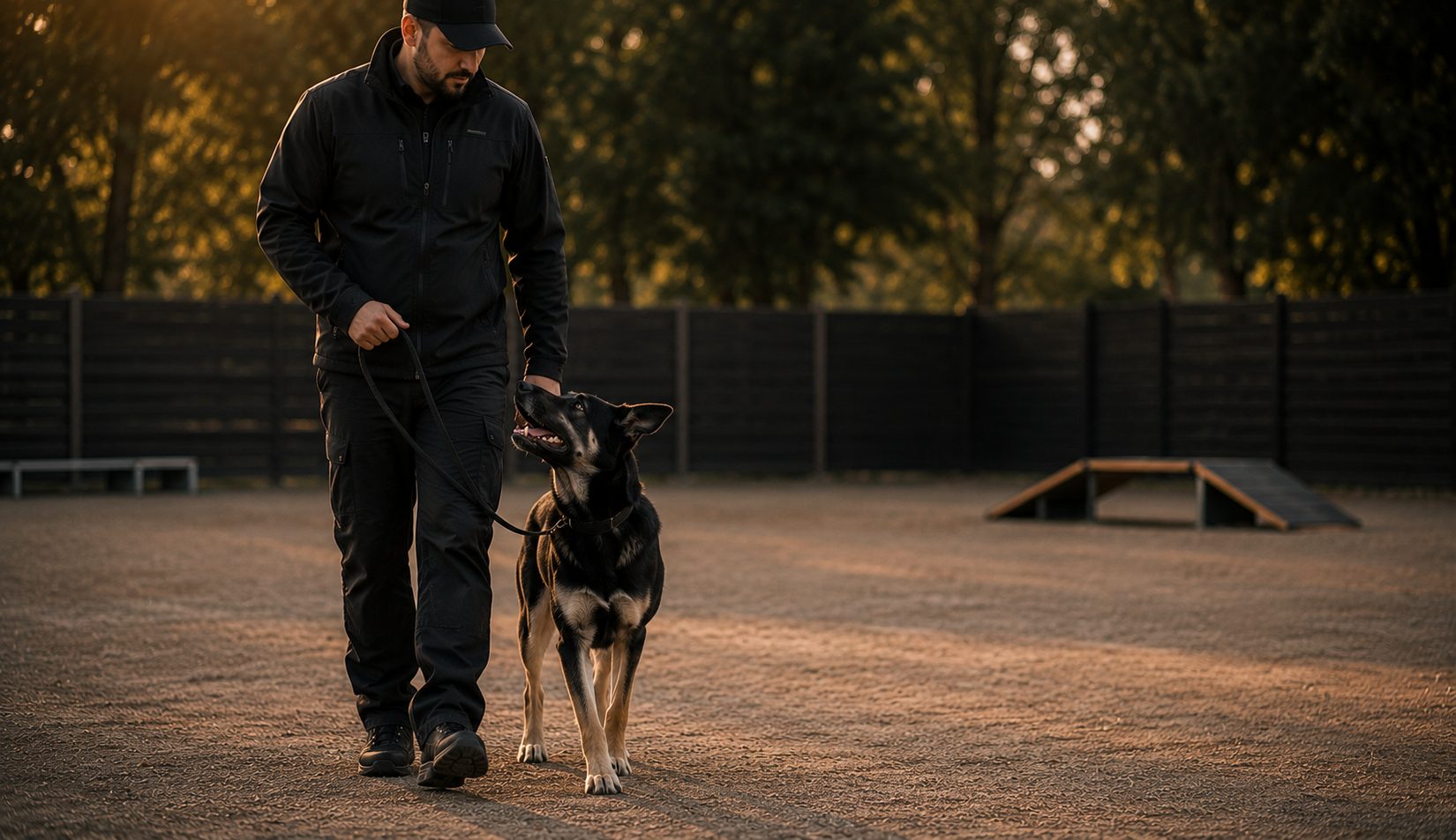 Handler and dog walking together
