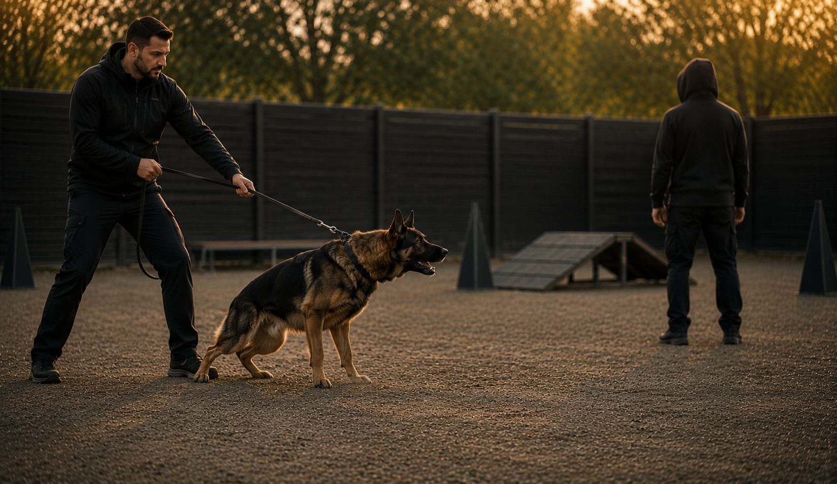 Two dogs meeting on leash while handlers watch