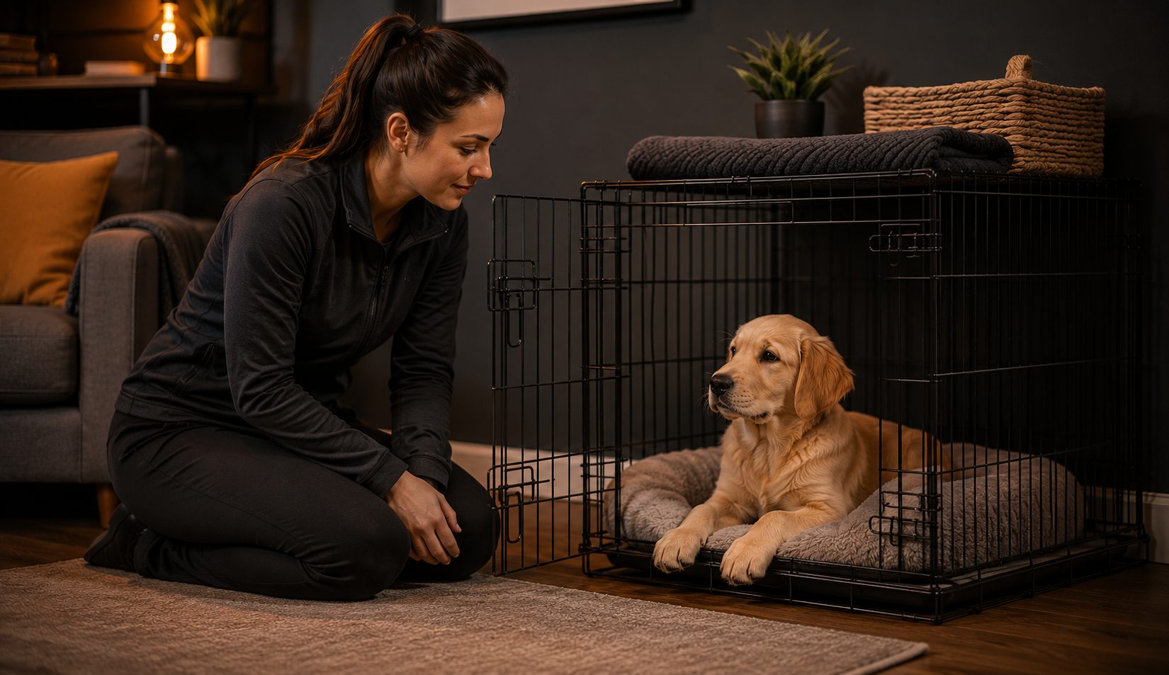 A puppy lying calmly in an open crate