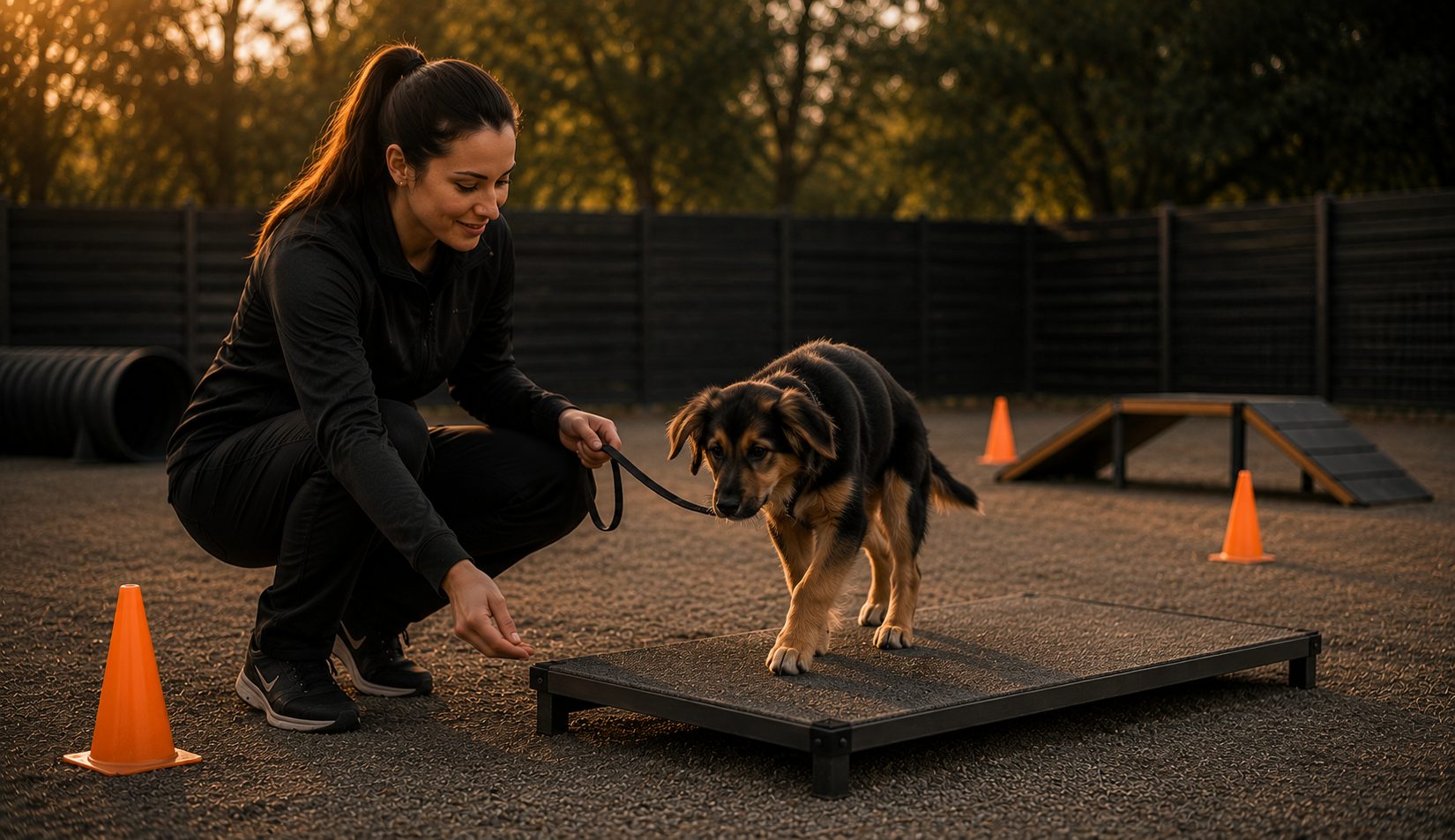 Dog working on a confidence platform with a handler