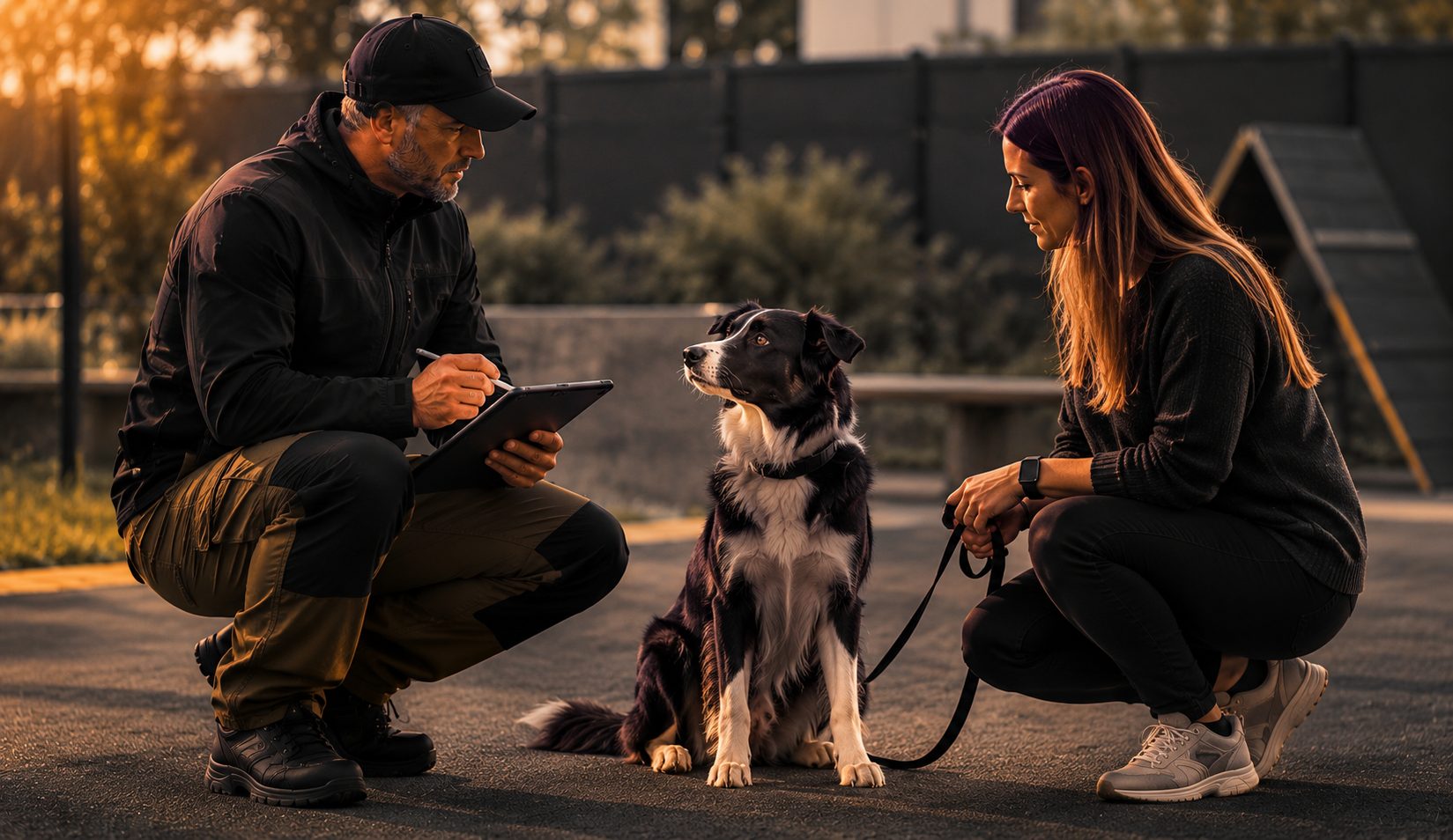 A trainer taking notes while evaluating a dog with its owner